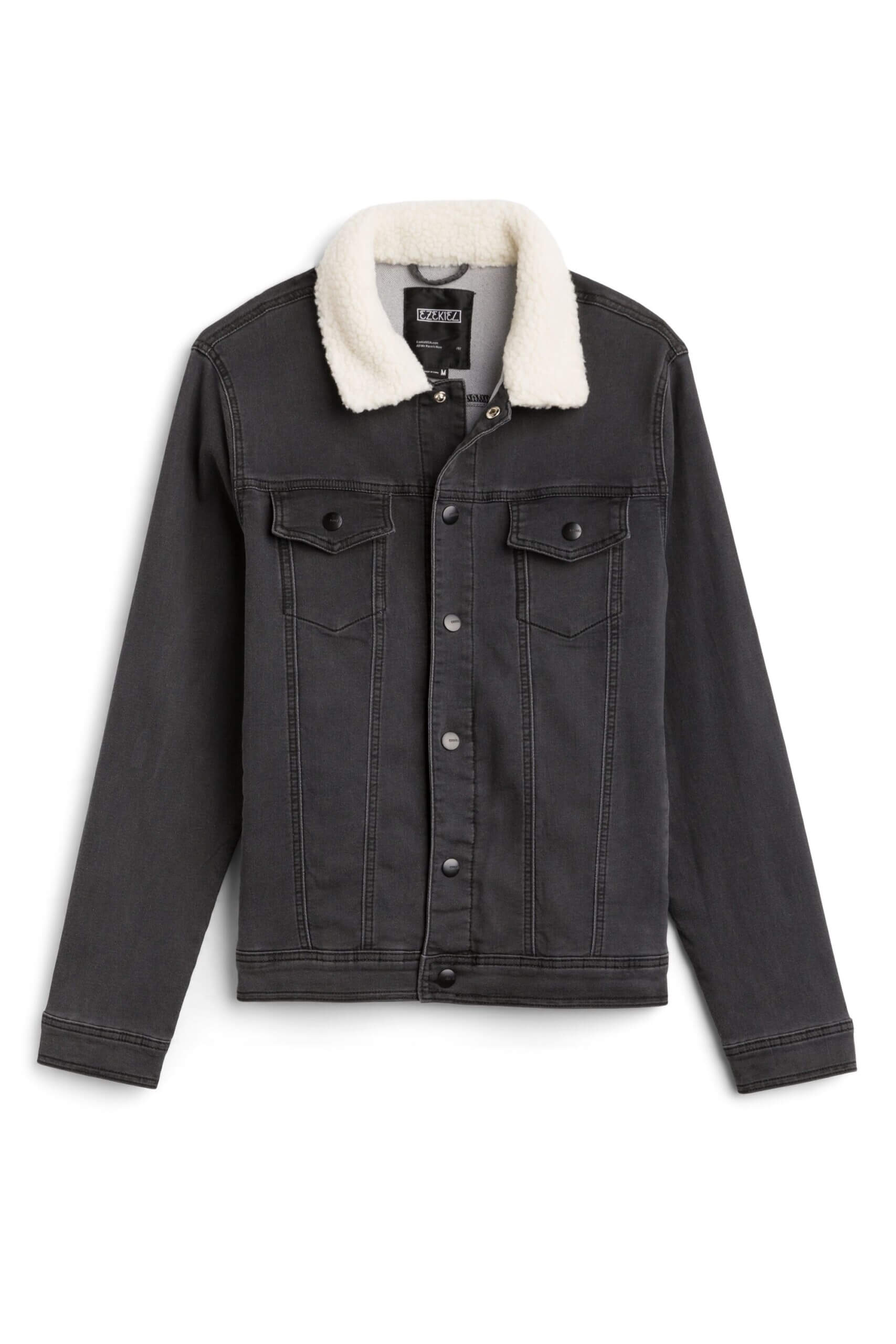 Stitch Fix men's grey denim jacket with white sherpa collar.