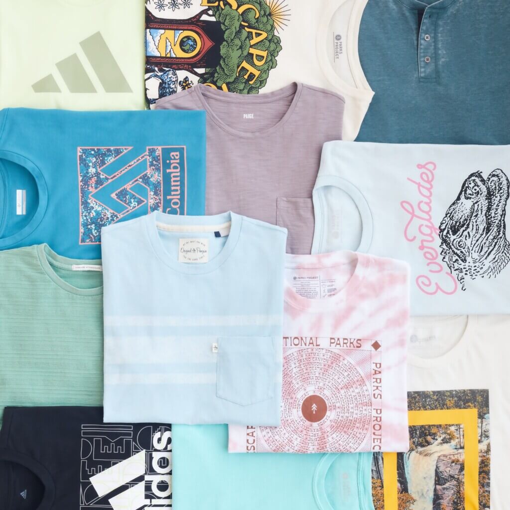Stitch Fix men’s gorpcore T-shirts in various colors with brand logos and nature-inspired graphics.