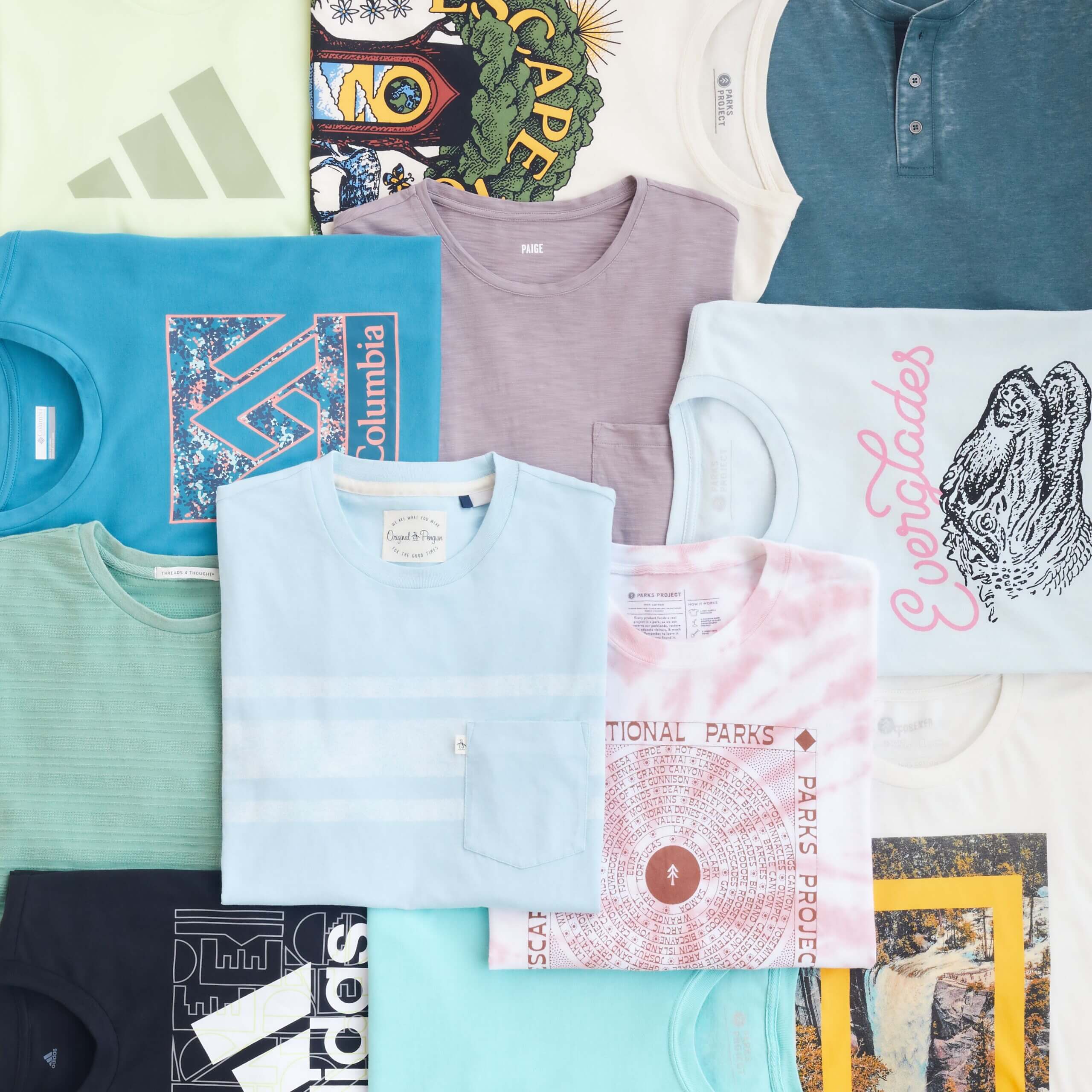 Stitch Fix men’s gorpcore T-shirts in various colors with brand logos and nature-inspired graphics.