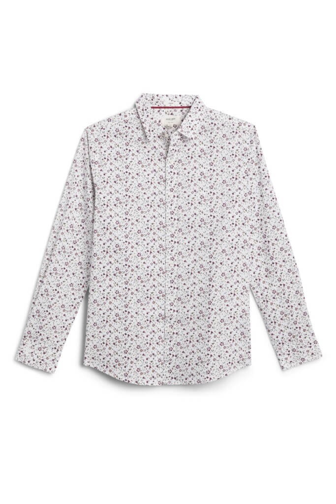 Stitch Fix Men's white and red floral print button-down shirt.