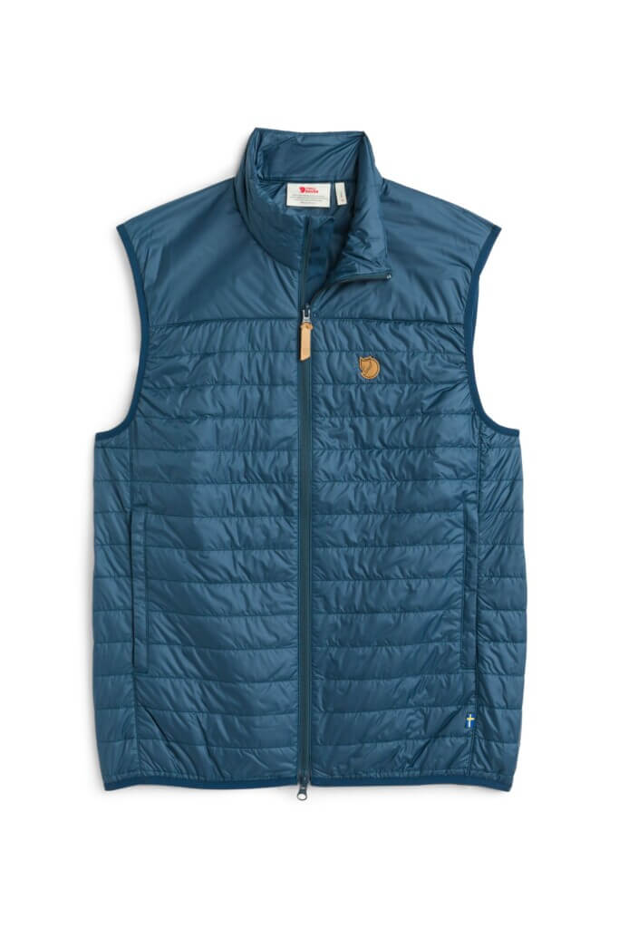 Stitch Fix men’s navy puffer vest with yellow zipper and brand logo.