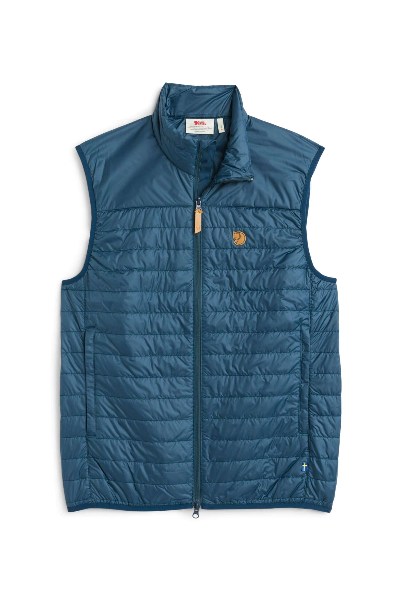 Stitch Fix men’s navy puffer vest with yellow zipper and brand logo.