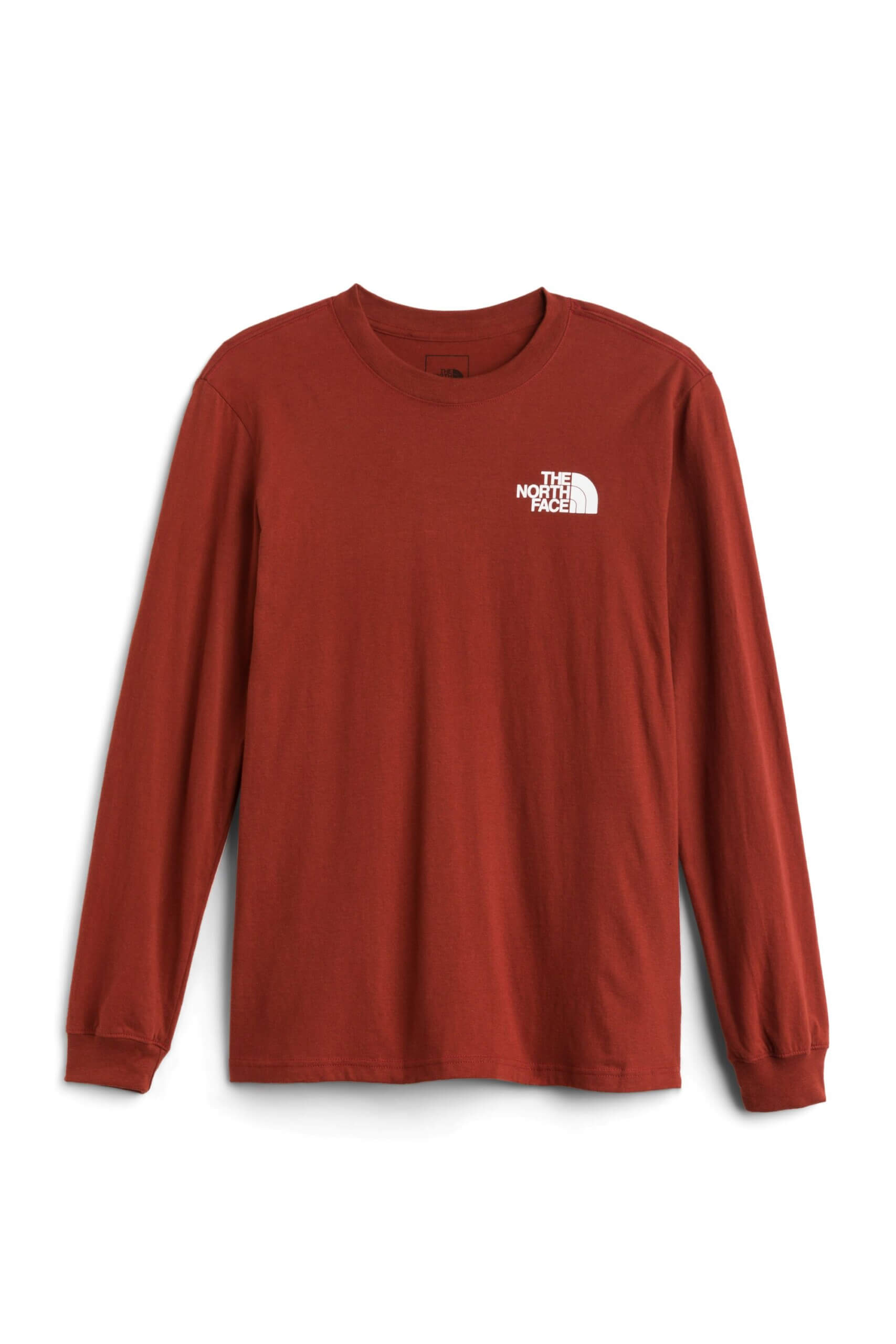 Stitch Fix men’s red-orange long-sleeved tee with white gorpcore brand logo.