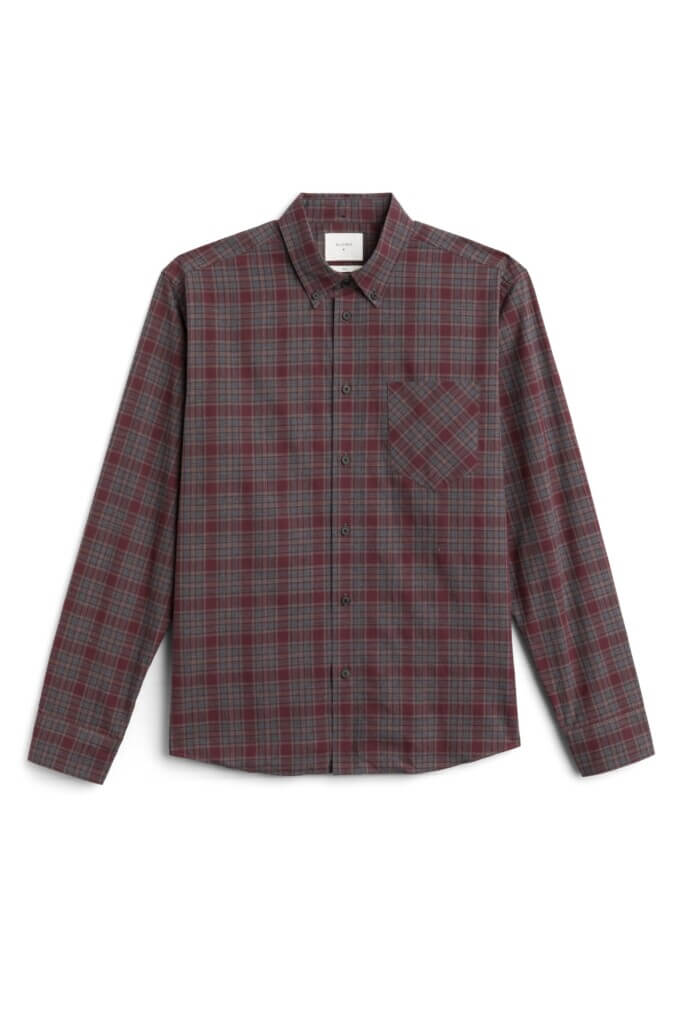 Stitch Fix Men's grey and burgundy plaid button-down shirt.