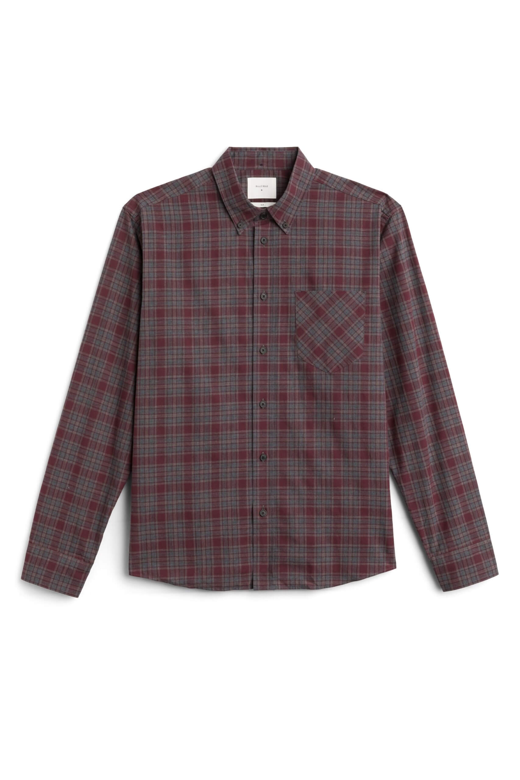 Stitch Fix Men's grey and burgundy plaid button-down shirt.