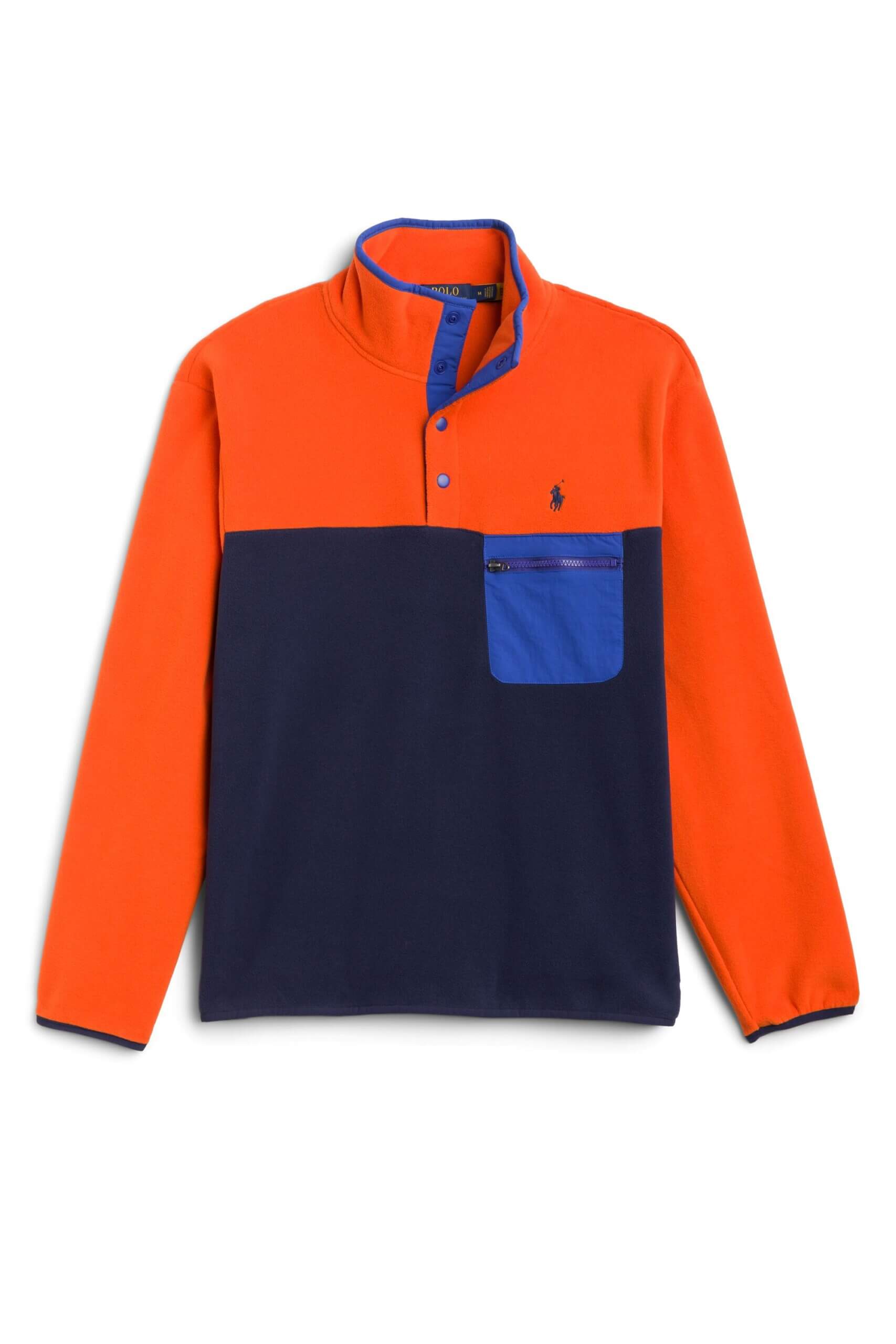 Stitch Fix men’s safety orange, navy and blue pullover fleece with accent pocket and brand logo.