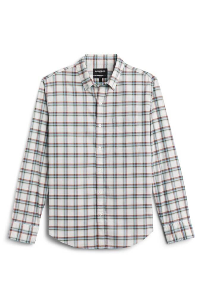 Stitch Fix men's navy blue and white plaid button-down shirt.