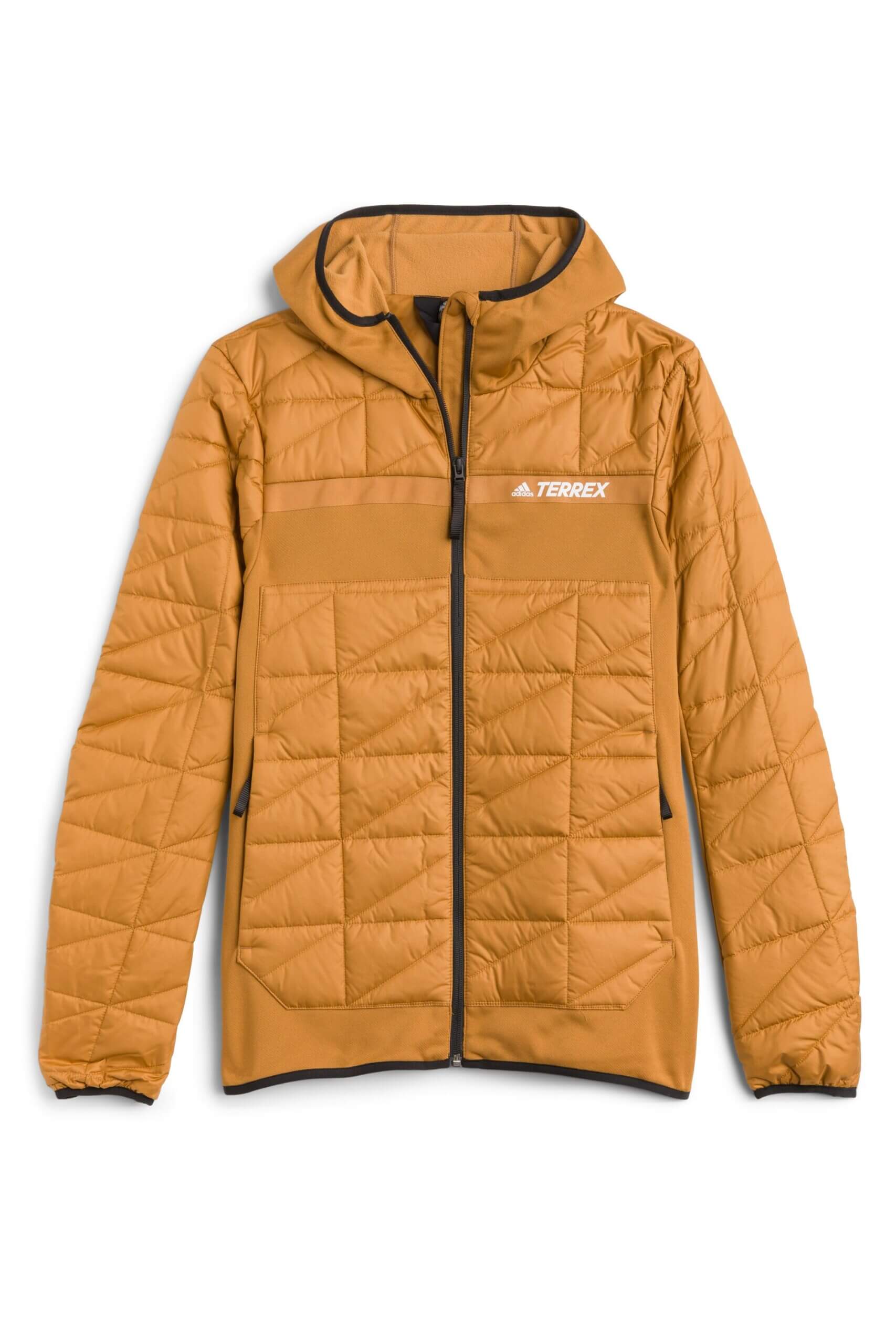 Stitch Fix men’s tan hooded puffer jacket with black accents and white gorpcore brand logo.