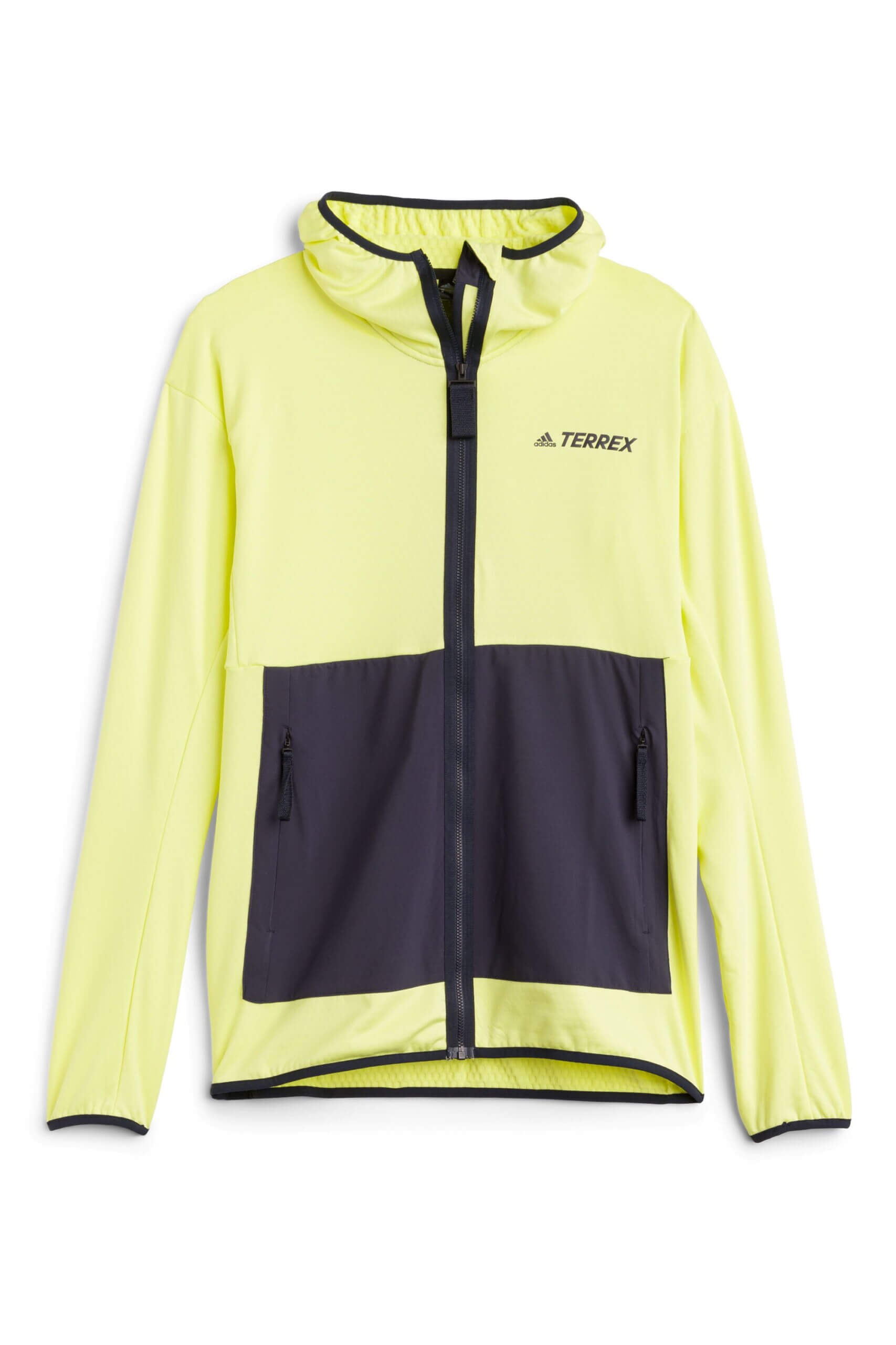 Stitch Fix men’s black and neon yellow gorpcore hooded fleece jacket.