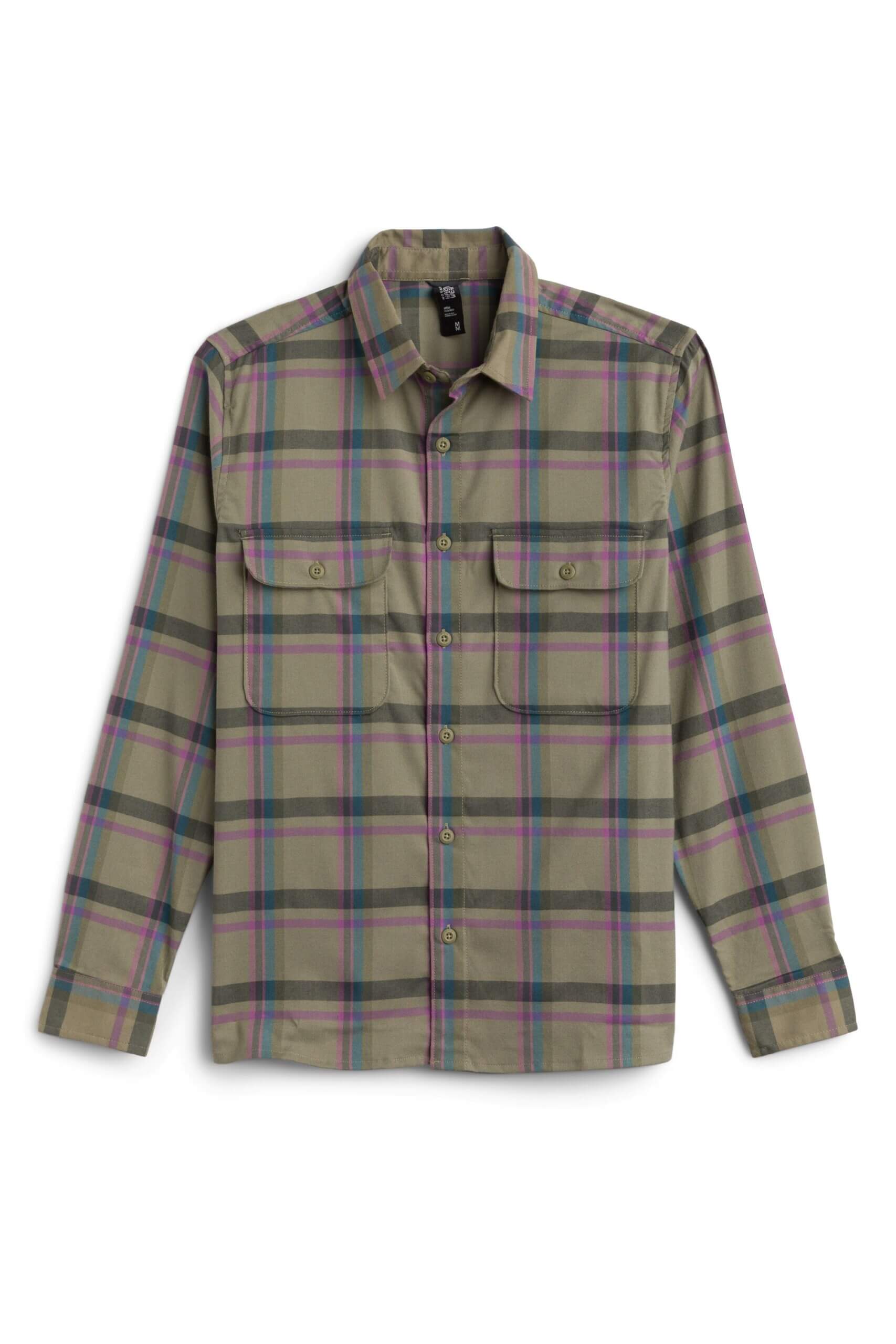 Stitch Fix men’s olive, purple and blue plaid button-down long-sleeve shirt.