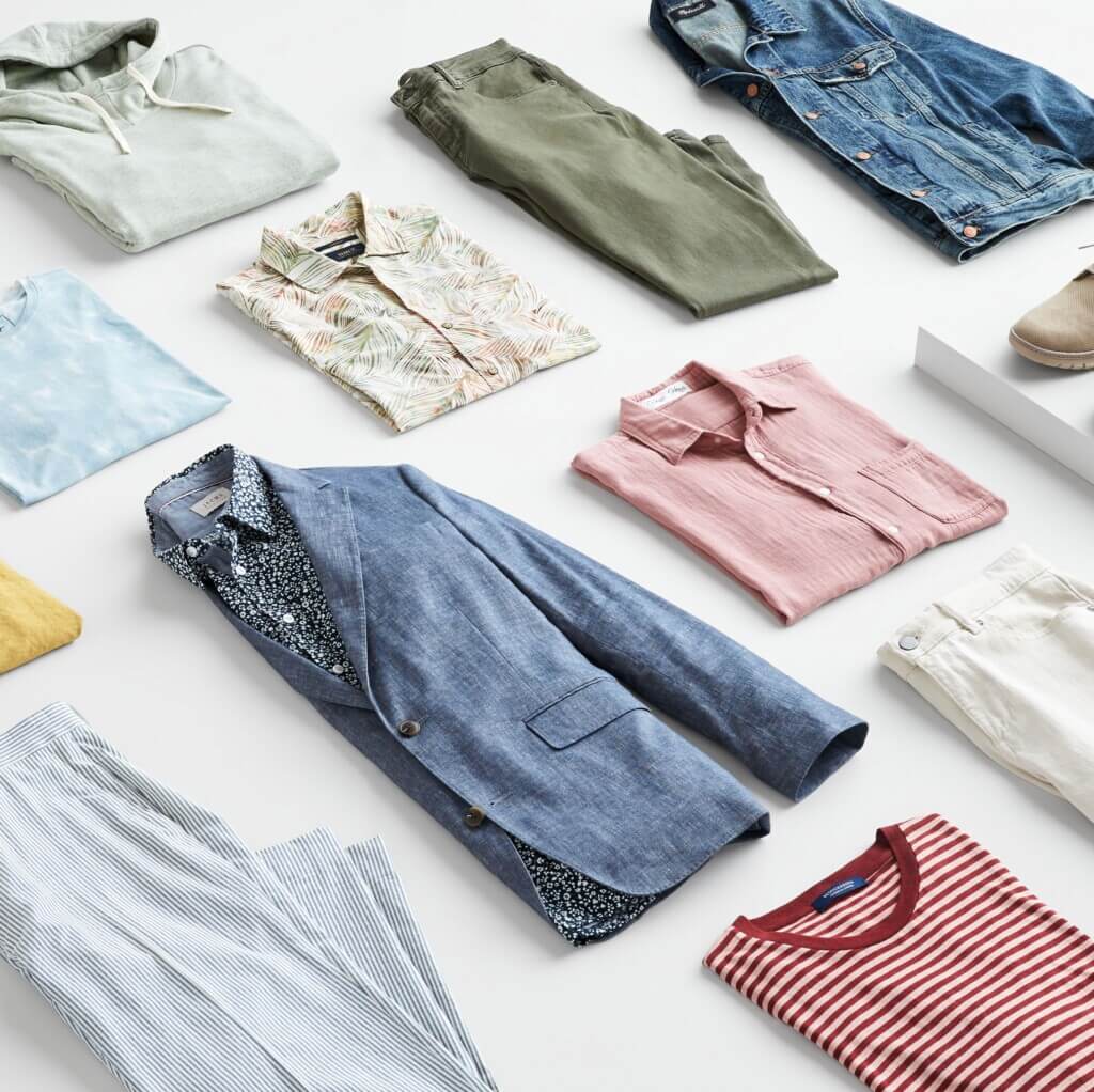 Stitch Fix men’s preppy style apparel featuring chambray blazer, button-down shirts, striped T-shirts, olive chinos, and a jean jacket.