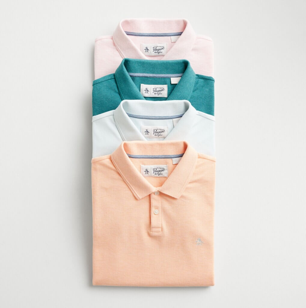 Stitch Fix men’s polo shirts in a variety of colors including peach, white, teal green and pink.