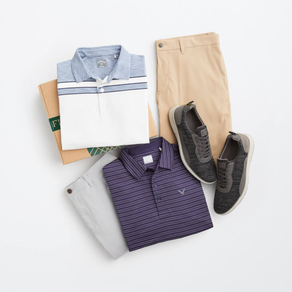 Stitch Fix men’s golf attire featuring grey and khaki pants with polo shirt and sneakers next to polo on a Stitch Fix box.
