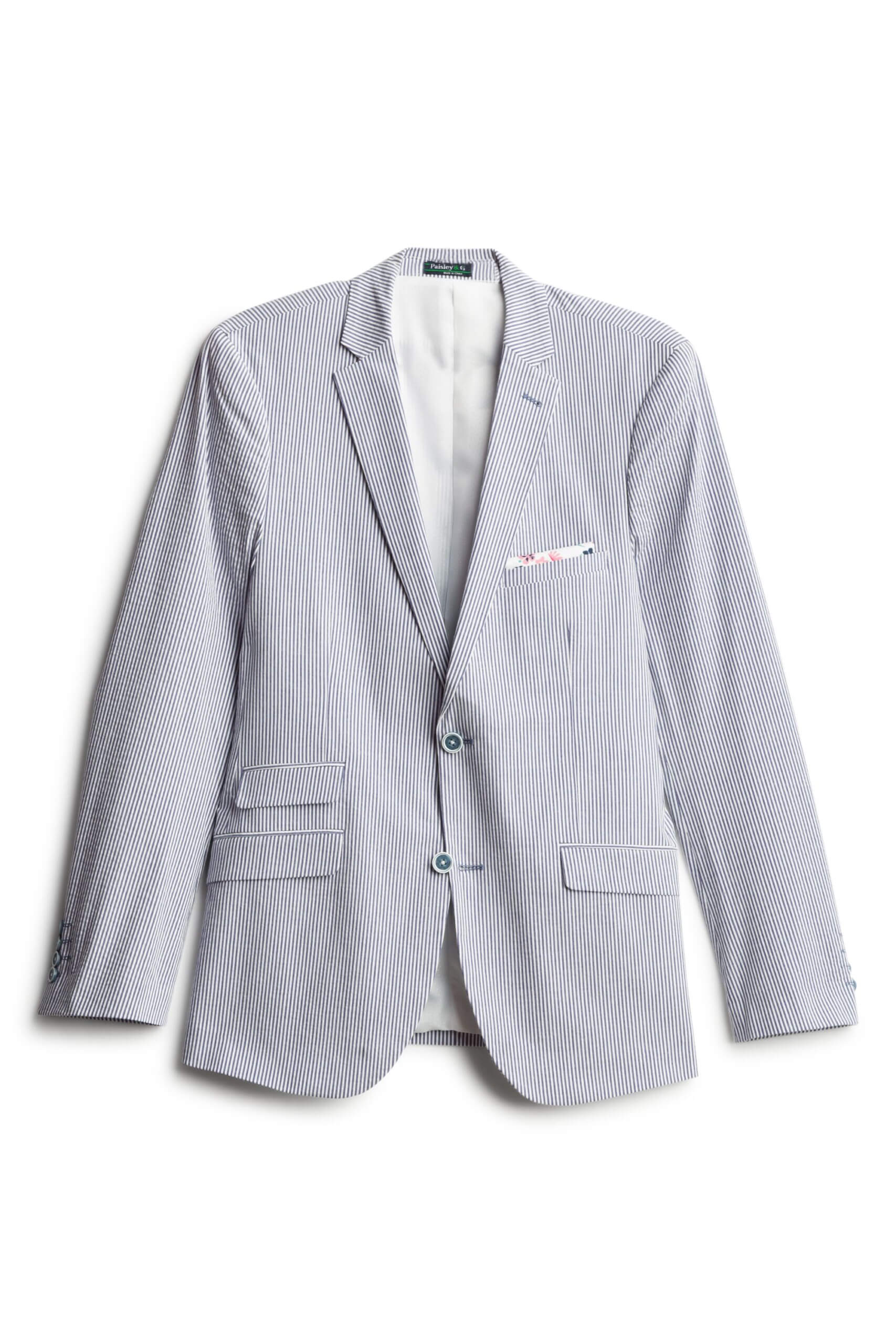 titch Fix men's beach wedding attire blazer with blue and white micro stripe and floral print pocket square.