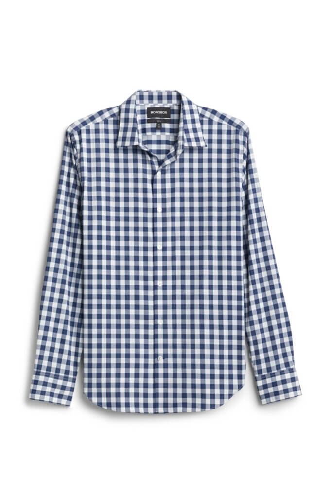 Stitch Fix men’s navy blue and white gingham print button-down shirt.