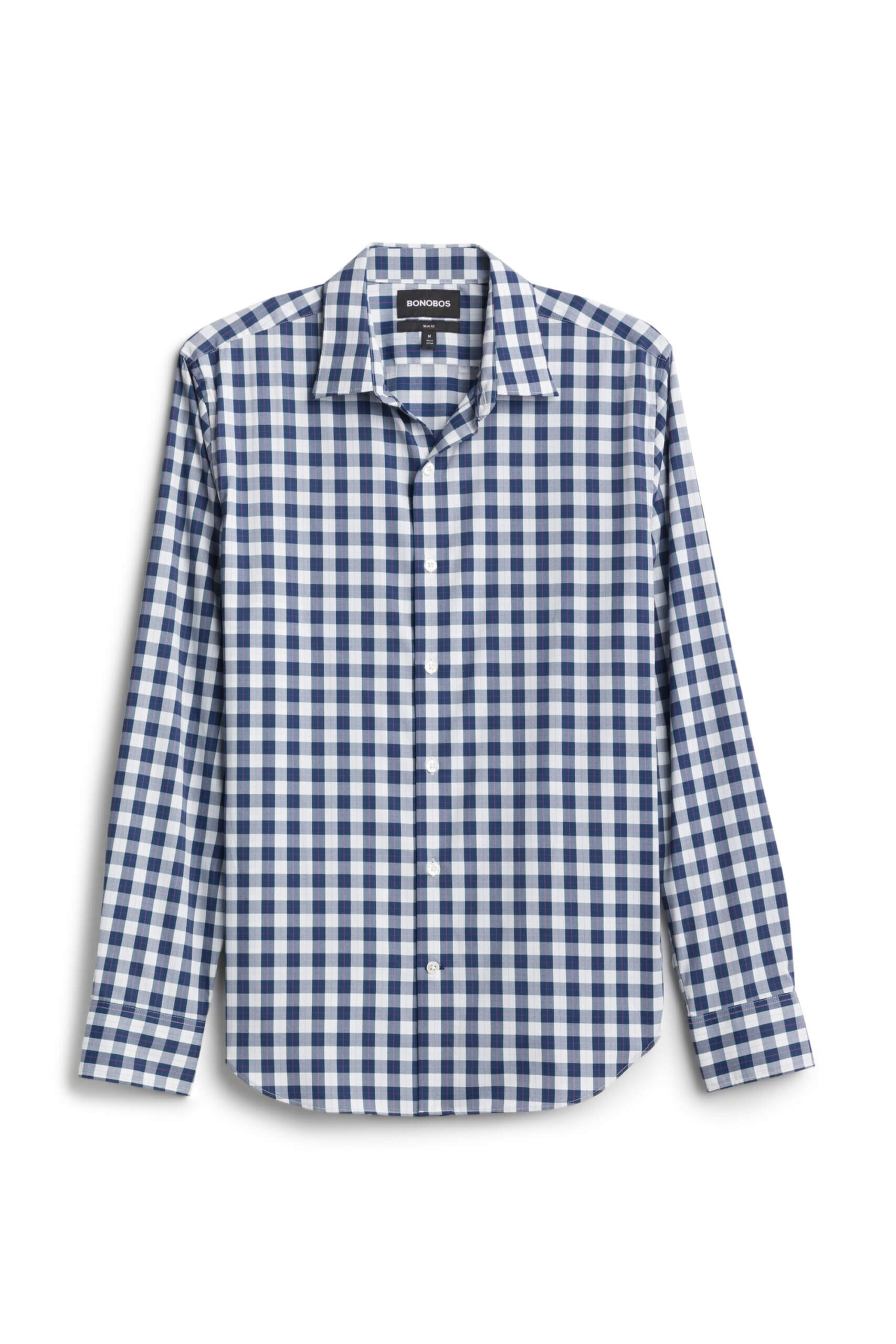 Stitch Fix men’s navy blue and white gingham print button-down shirt.
