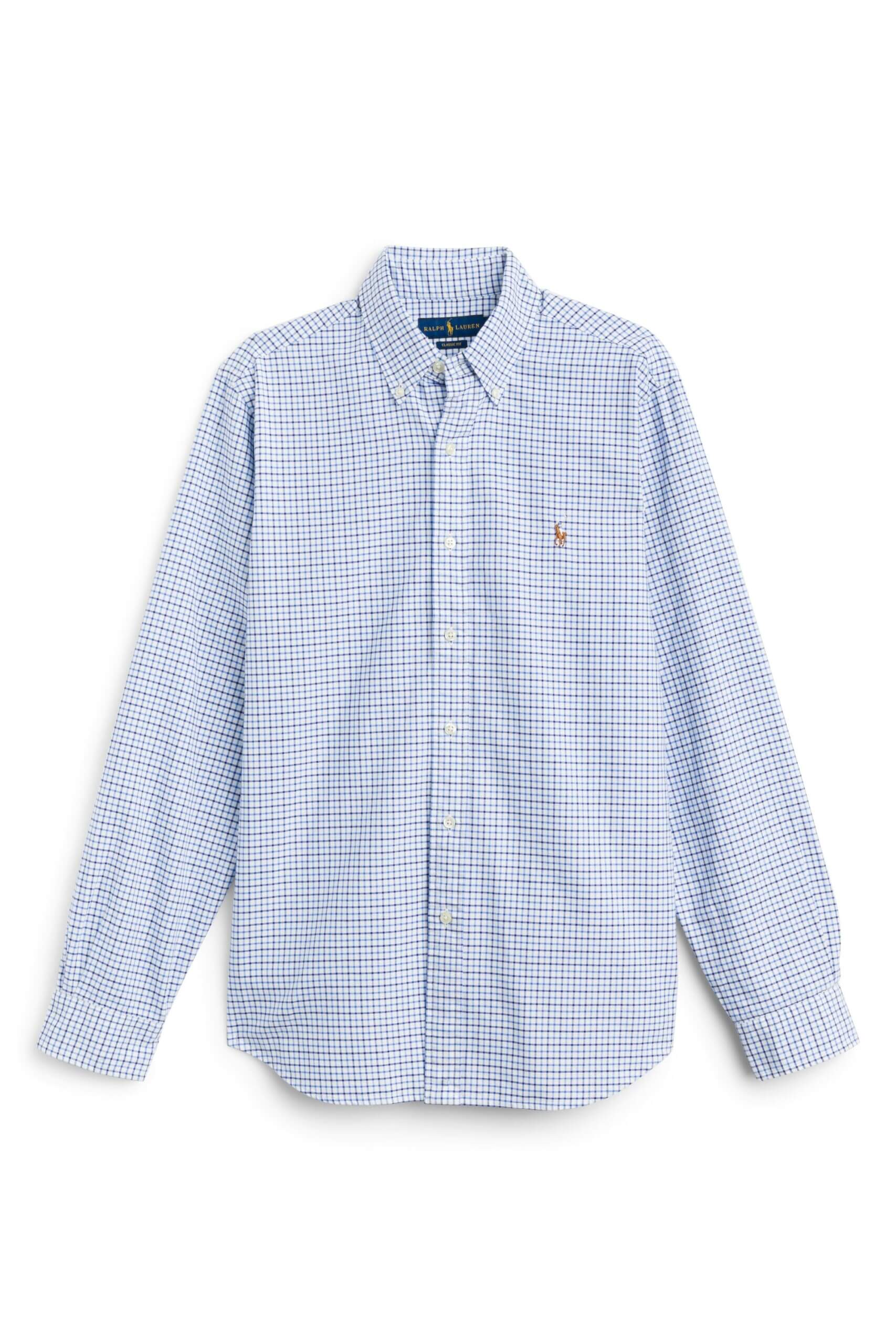 Stitch Fix men's blue and white plaid, long sleeve, button-down shirt.