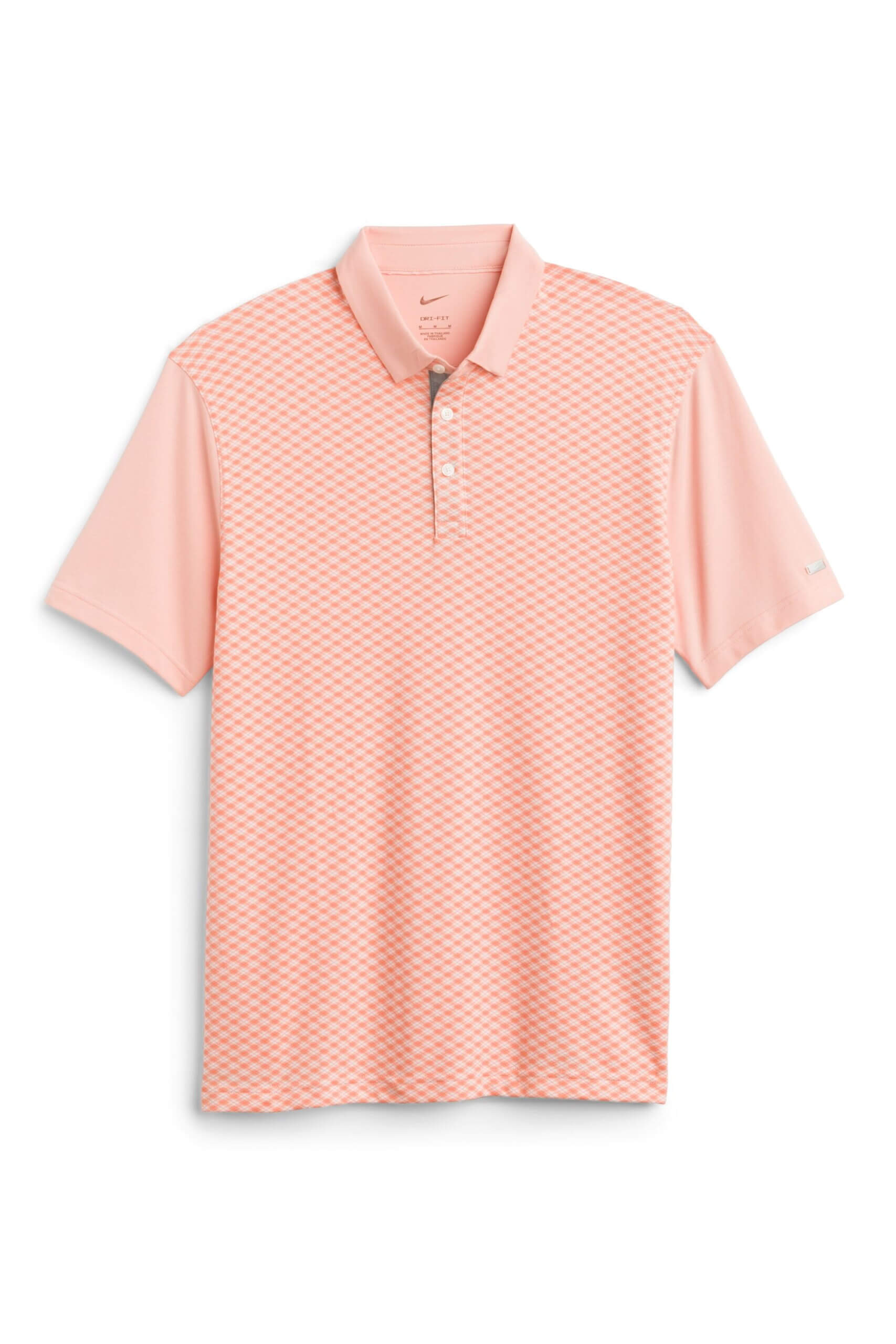 Stitch Fix men’s coral polo shirt with argyle print.
