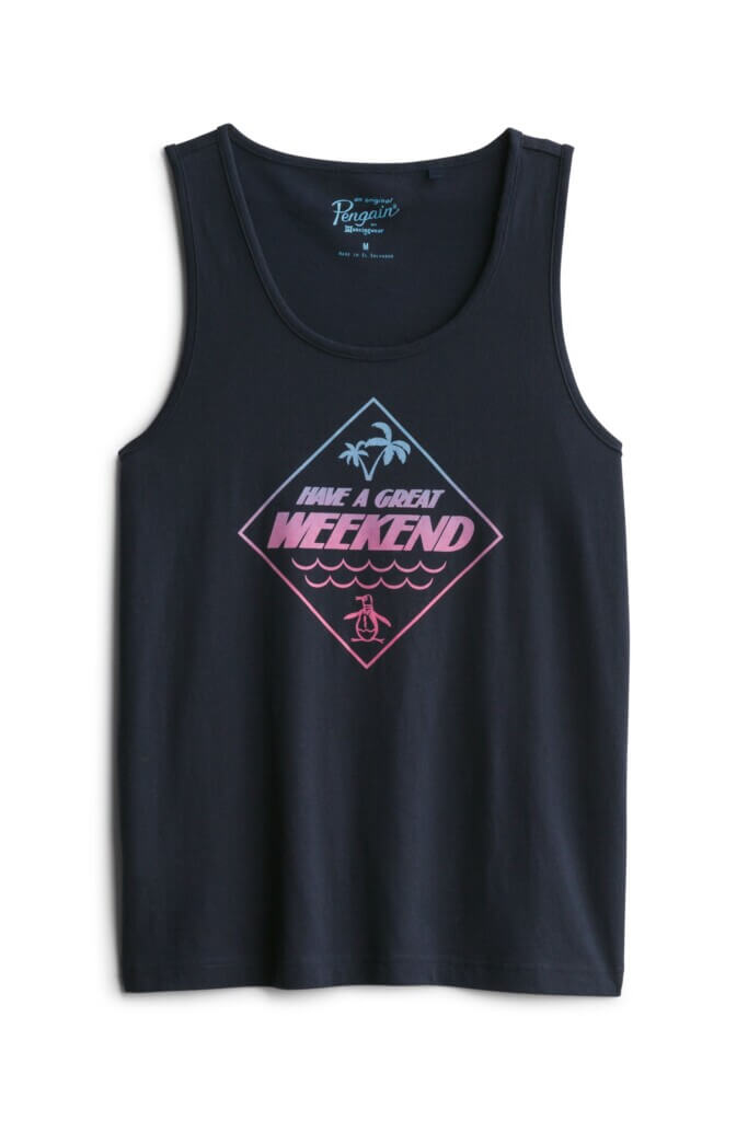 Stitch Fix men’s navy tank top with blue and pink gradient graphic.