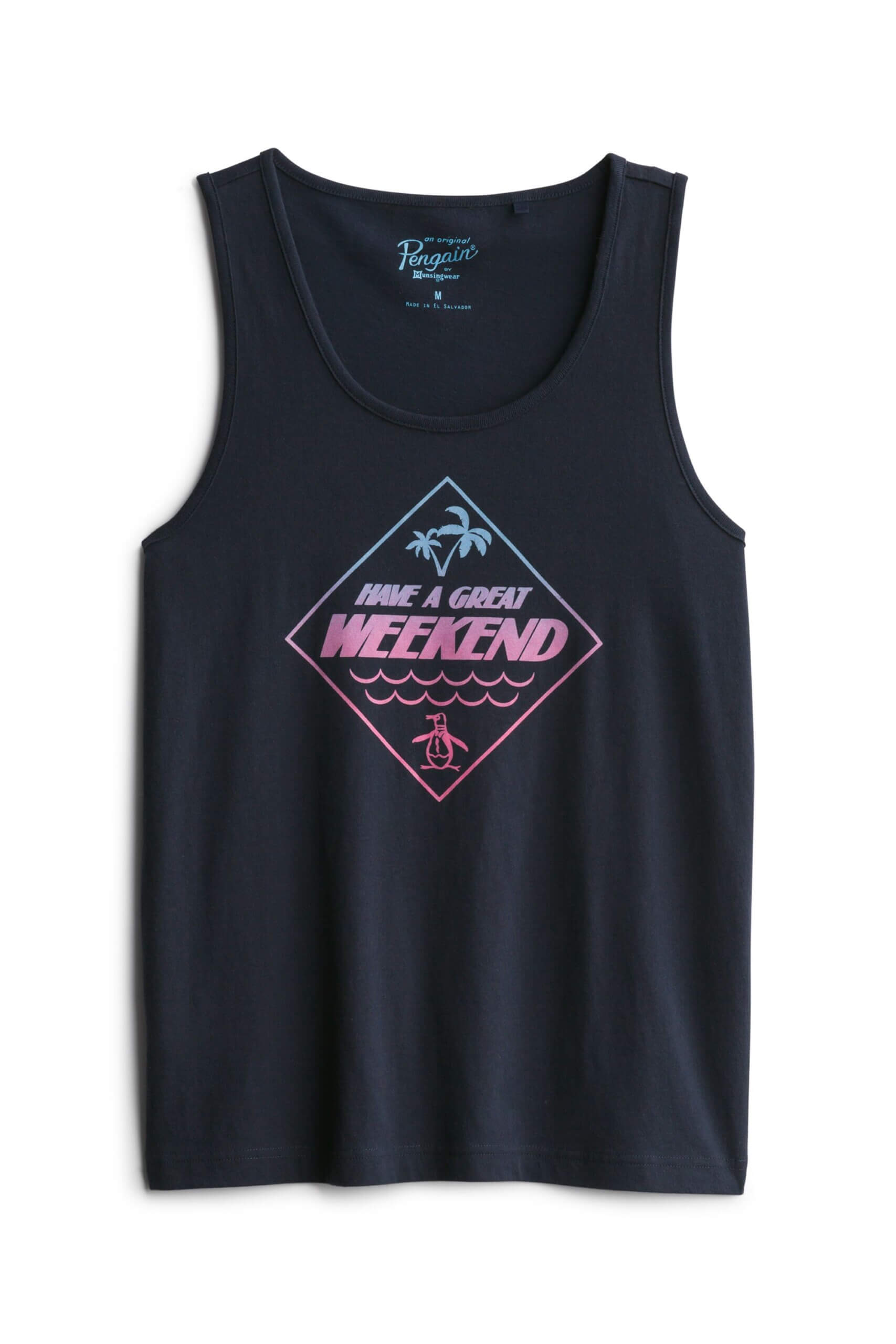 Stitch Fix men’s navy tank top with blue and pink gradient graphic.