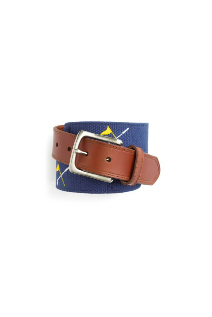 Stitch Fix men’s 90s fashion outfit graphic belt with brown leather and silver buckle.
