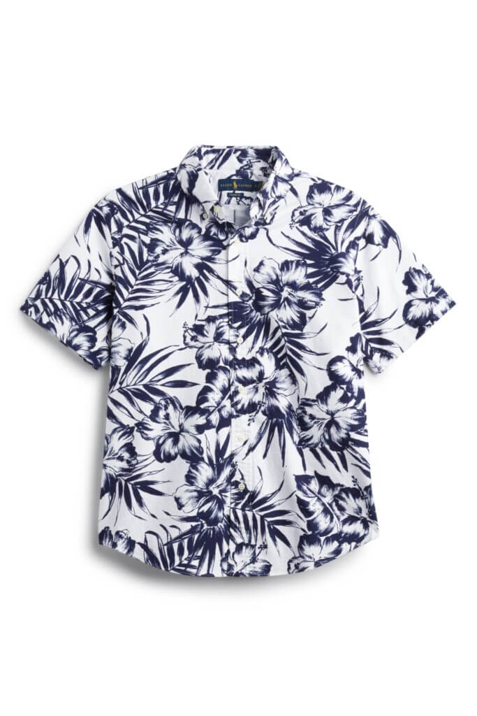 Stitch Fix men’s navy and white floral print short-sleeved button-down shirt.