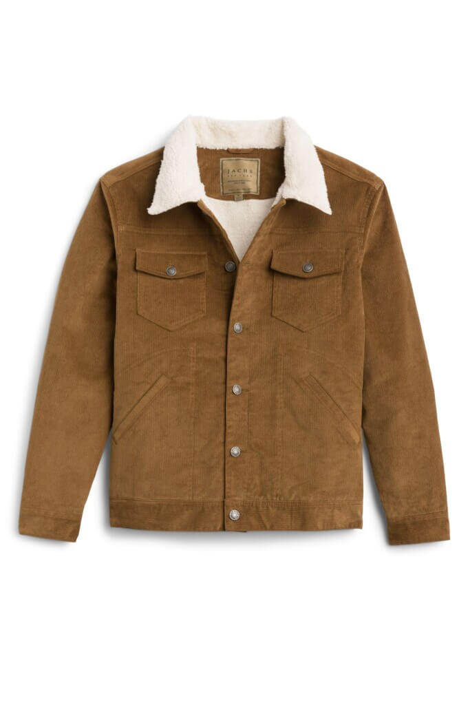 Stitch Fix men’s 90s fashion brown shacket with shearling collar and silver buttons.