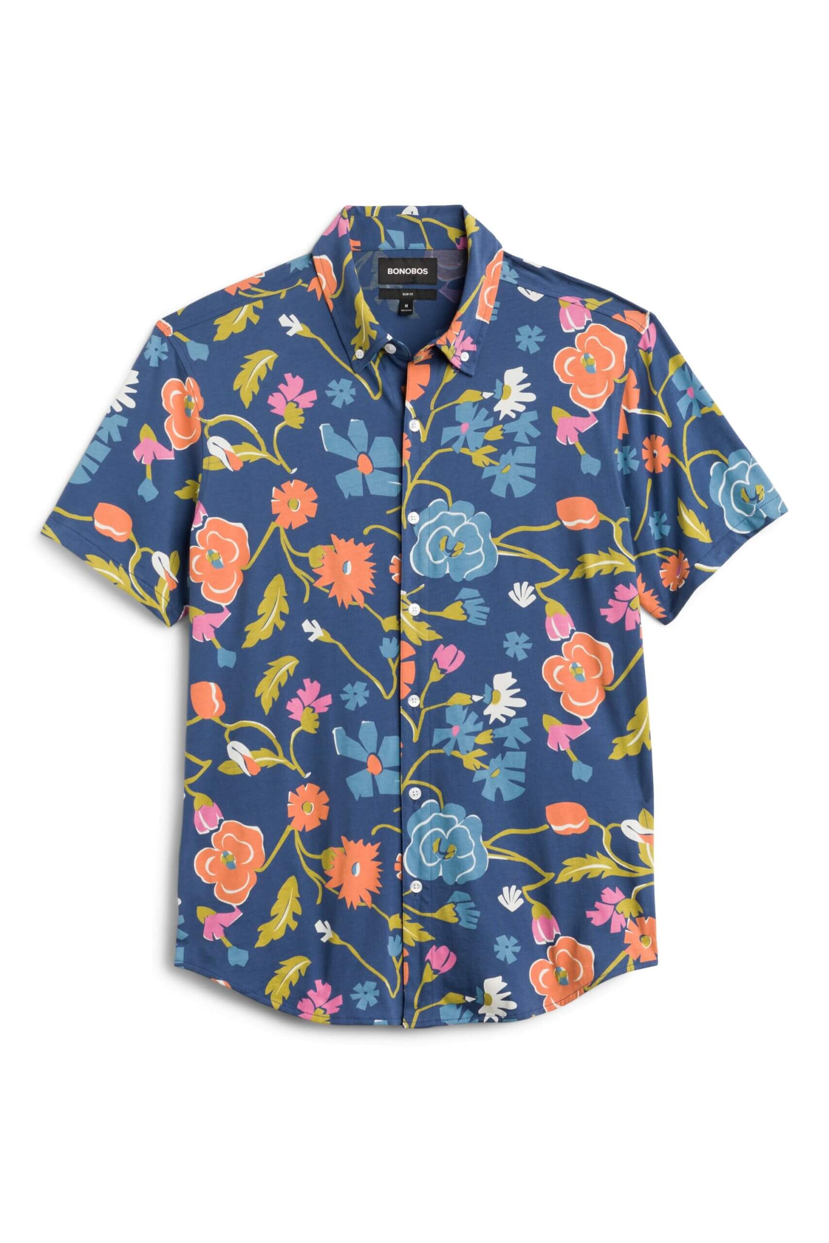 Stitch Fix men’s blue, orange, and green floral print short-sleeve button-down shirt.