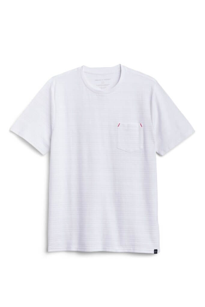 Stitch Fix men’s white striped short-sleeve T-shirt with red stitching on front pocket.