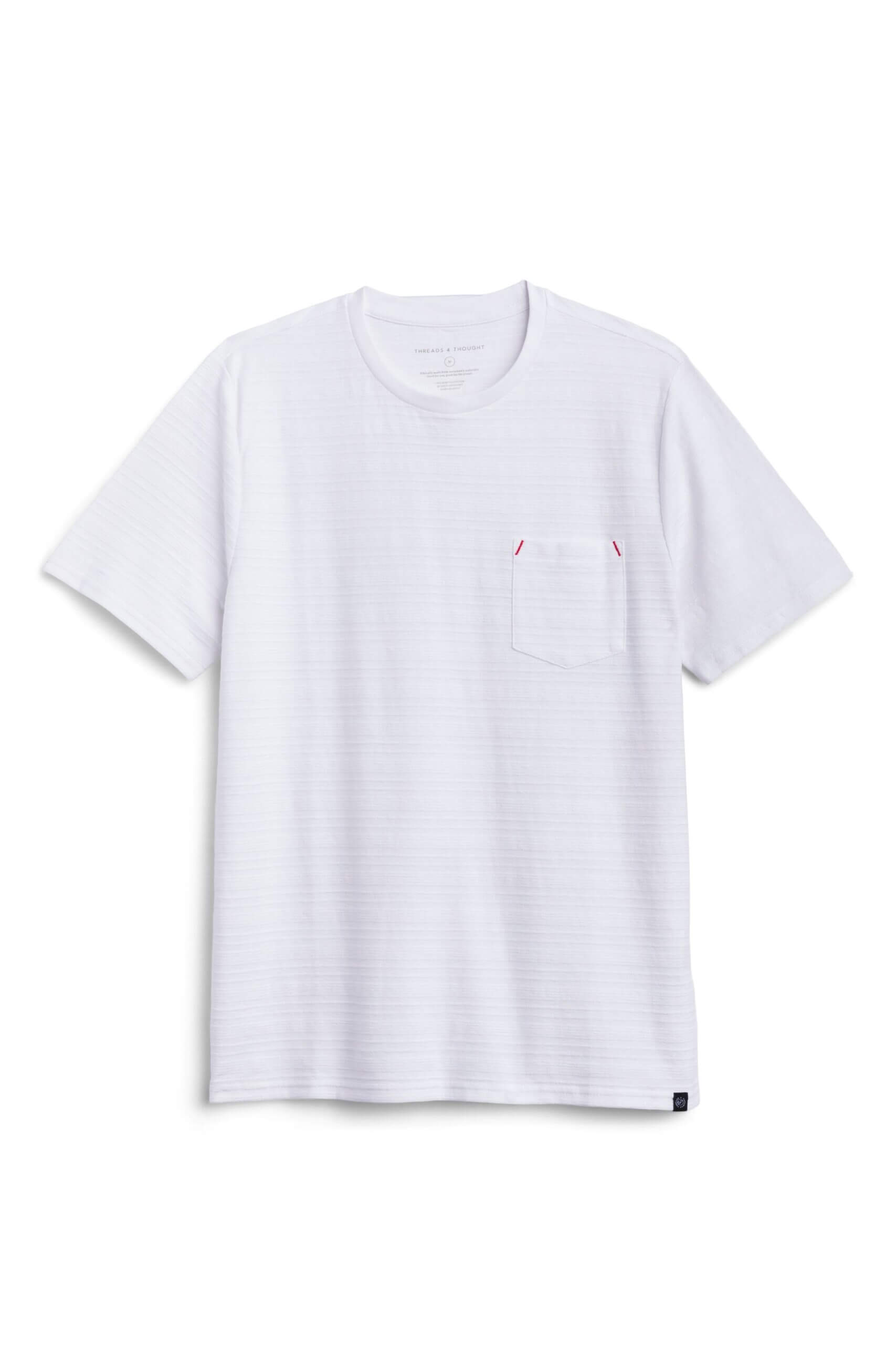 Stitch Fix men’s white striped short-sleeve T-shirt with red stitching on front pocket.