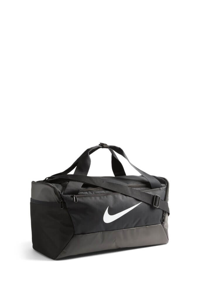 Stitch Fix men’s black duffel bag with white brand logo.