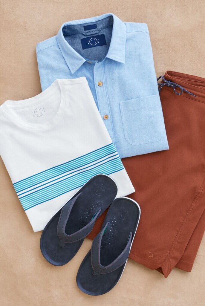 Stitch Fix men’s 4th of July outfit with red shorts, white tee with blue stripes, blue button-down shirt and navy sandals.
