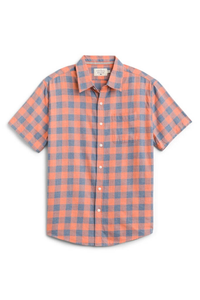 Stitch Fix men’s coral and blue plaid short-sleeve button-down shirt.
