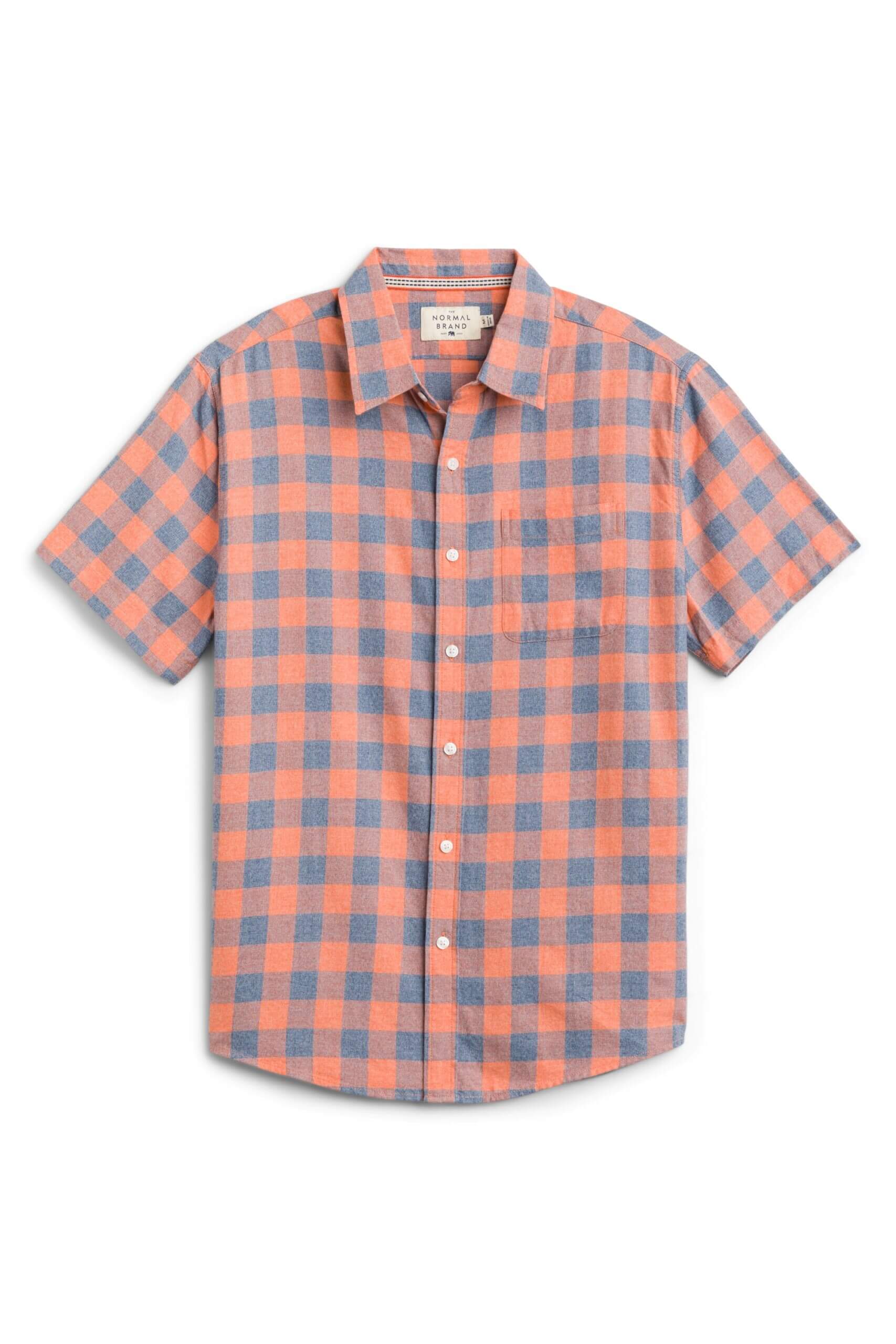 Stitch Fix men’s coral and blue plaid short-sleeve button-down shirt.