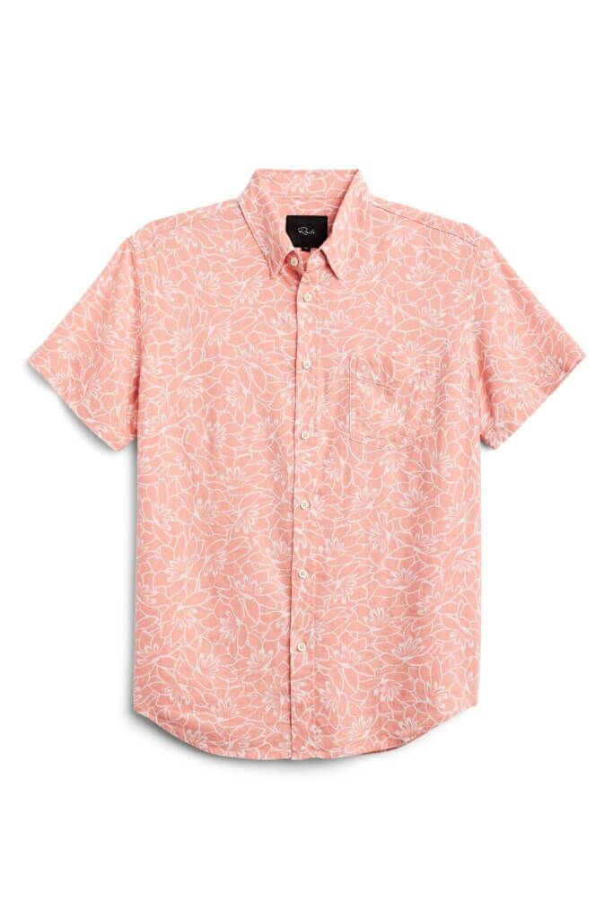 Stitch Fix men’s pink and white floral print short-sleeved button-down shirt.