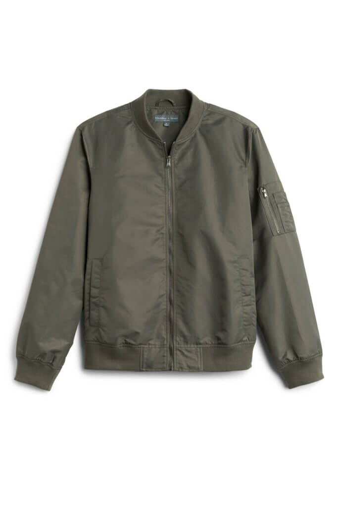Stitch Fix men’s olive green zip-up bomber jacket.