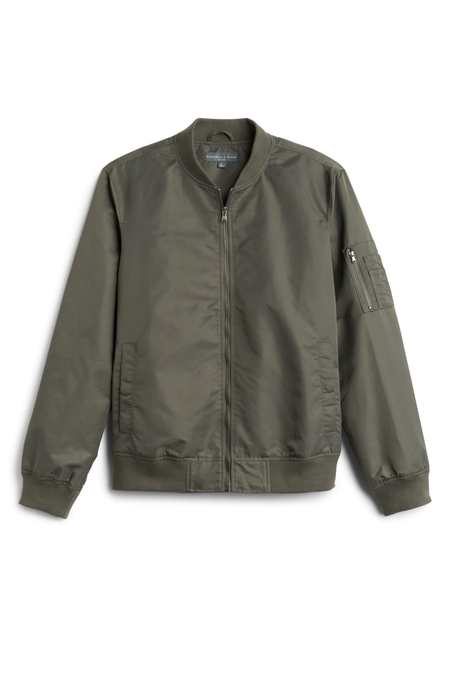 Stitch Fix men’s olive green zip-up bomber jacket.