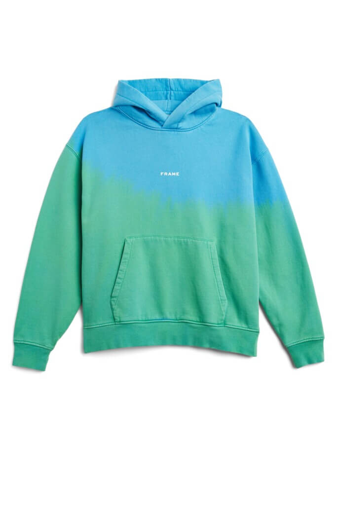 Stitch Fix men’s blue and green tie-dye hoodie with white chest brand logo.