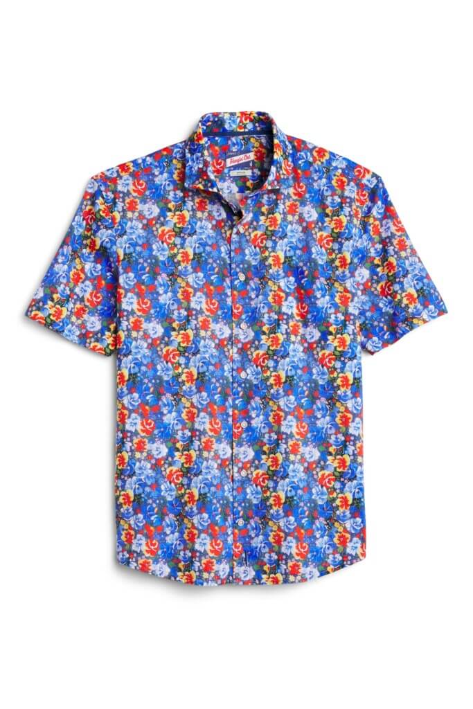 Stitch Fix men’s orange, red and white micro-floral print short-sleeved button-down shirt.