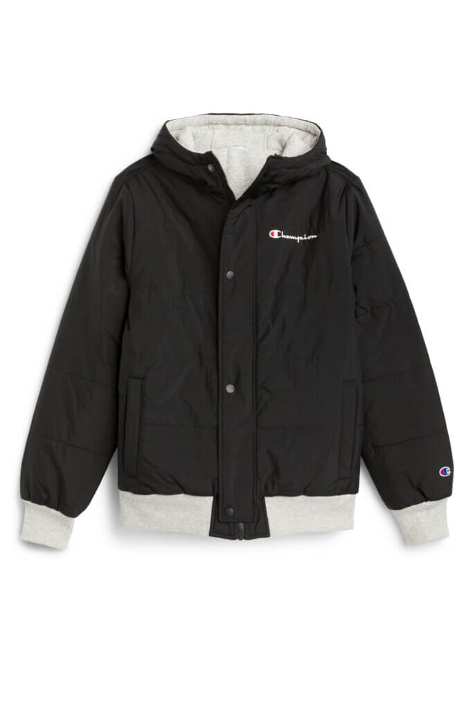 Stitch Fix men’s black and white puffer jacket with hood and white brand logo.