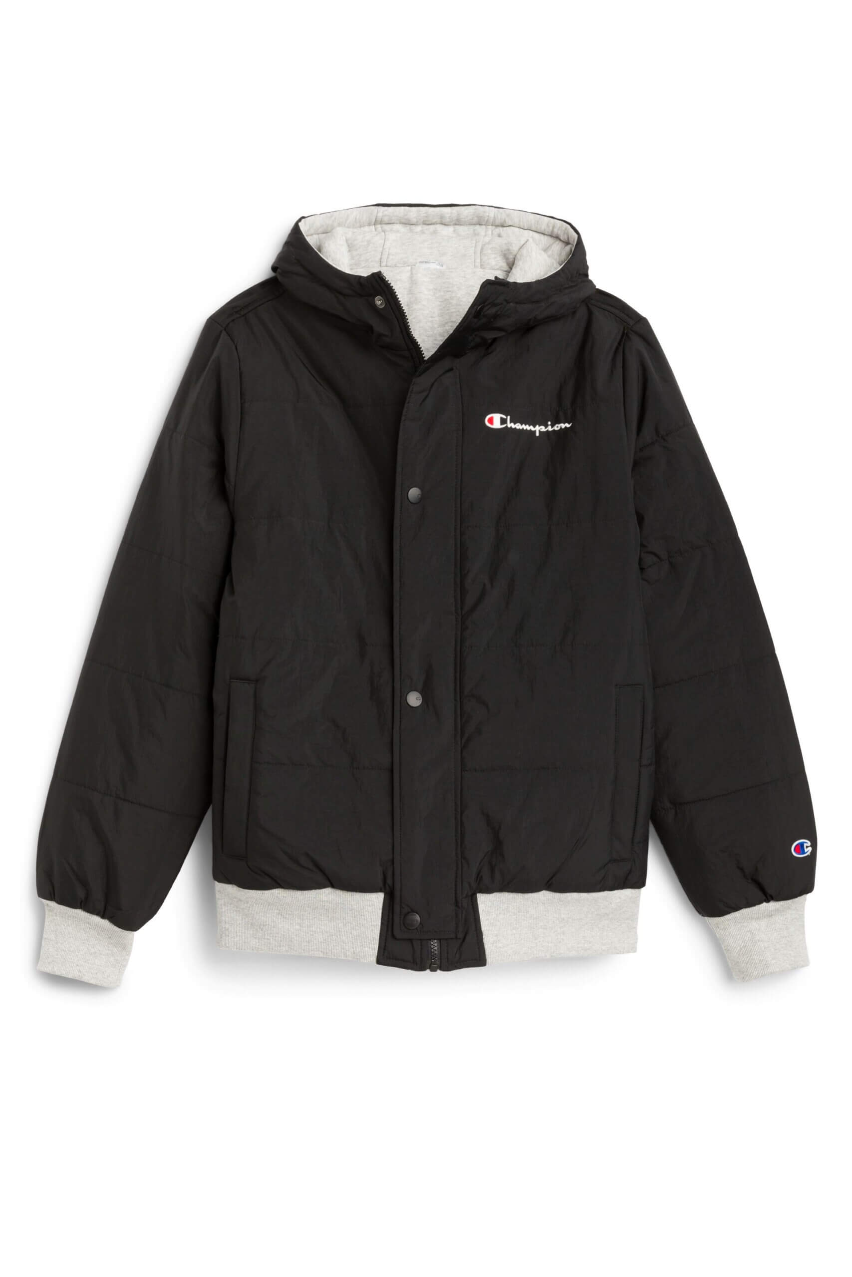 Stitch Fix men’s black and white puffer jacket with hood and white brand logo.