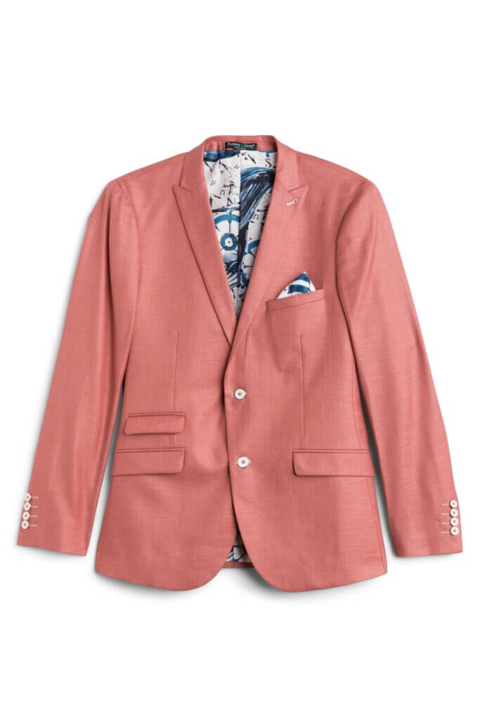 Stitch Fix men’s coral sport coat with abstract print interior lining with matching pocket square.