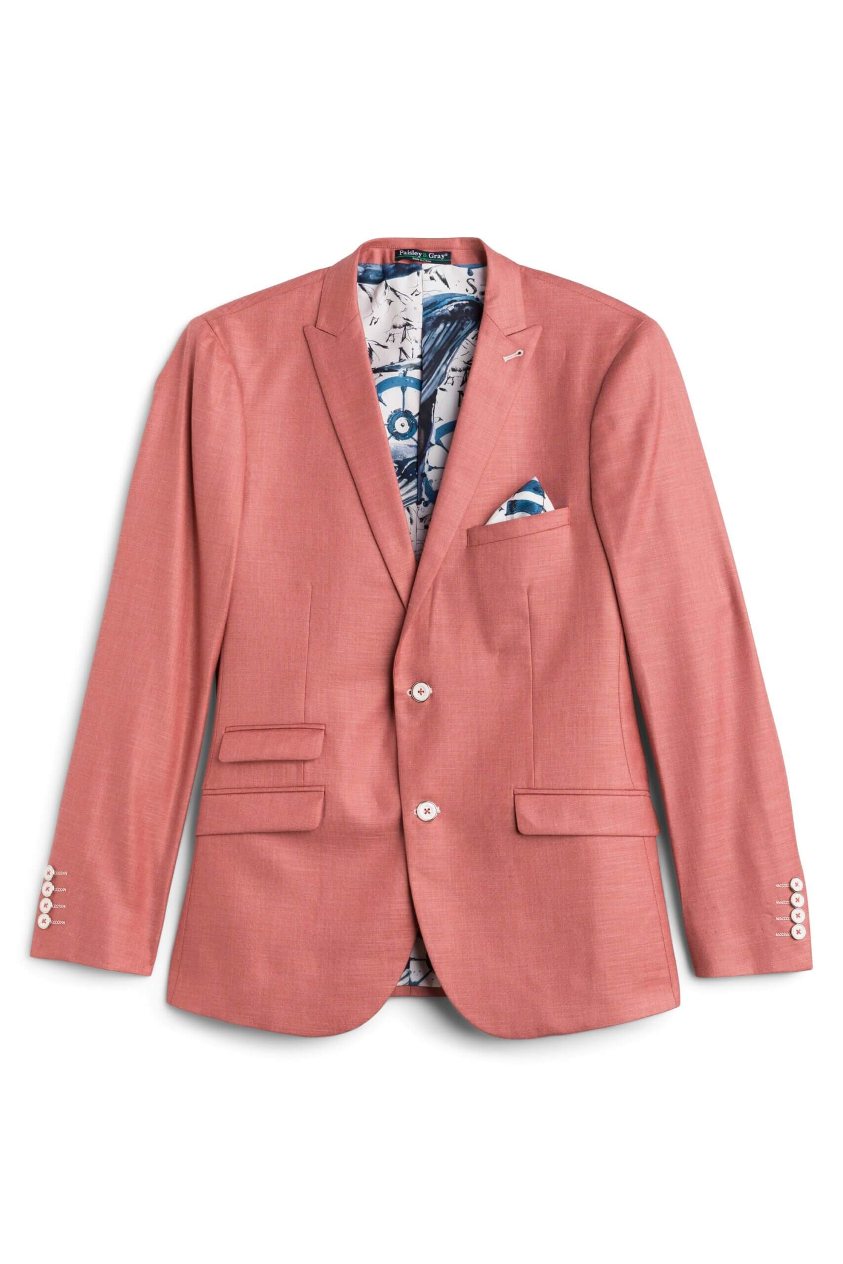 Stitch Fix men’s coral sport coat with abstract print interior lining with matching pocket square.