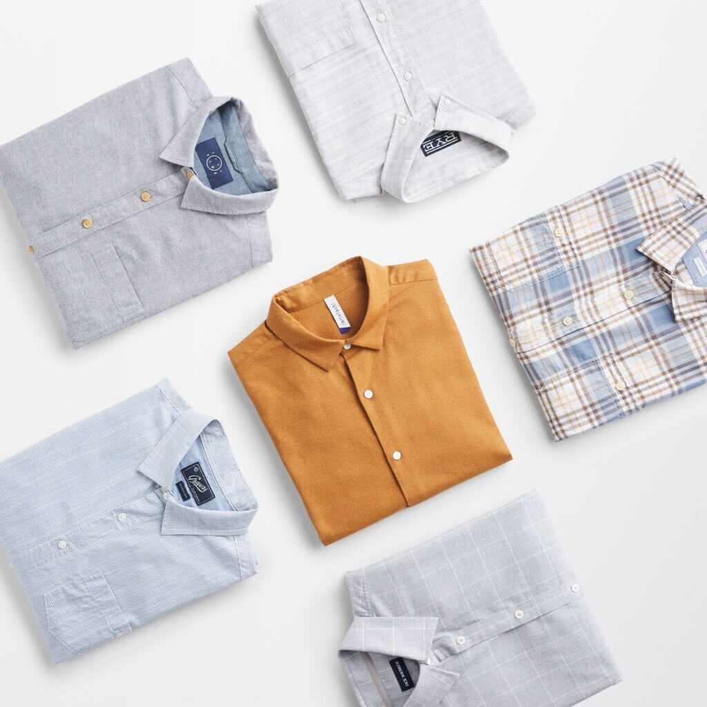 Stitch Fix men's business casual button-down shirts in white, grey, blue and orange.