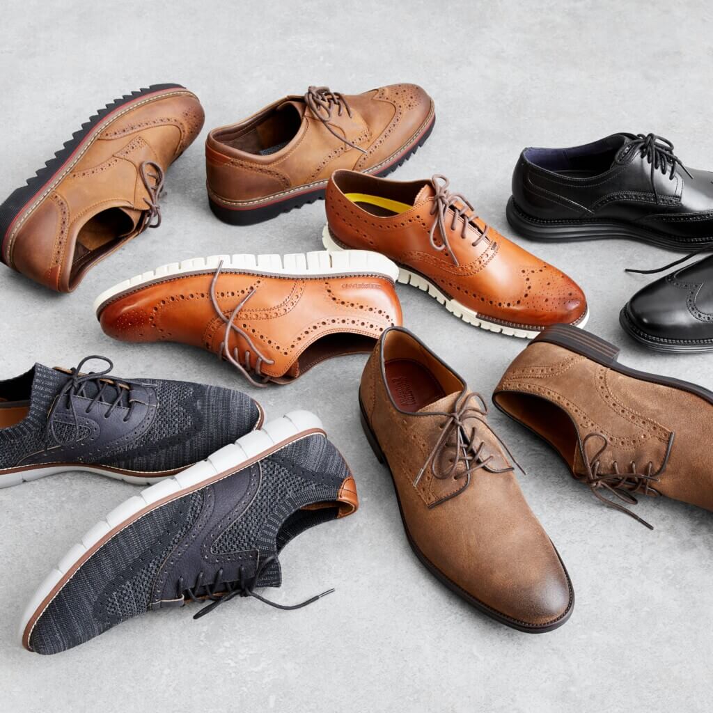 Stitch Fix men's business casual shoes featuring brown and black oxford and chukka shoes.