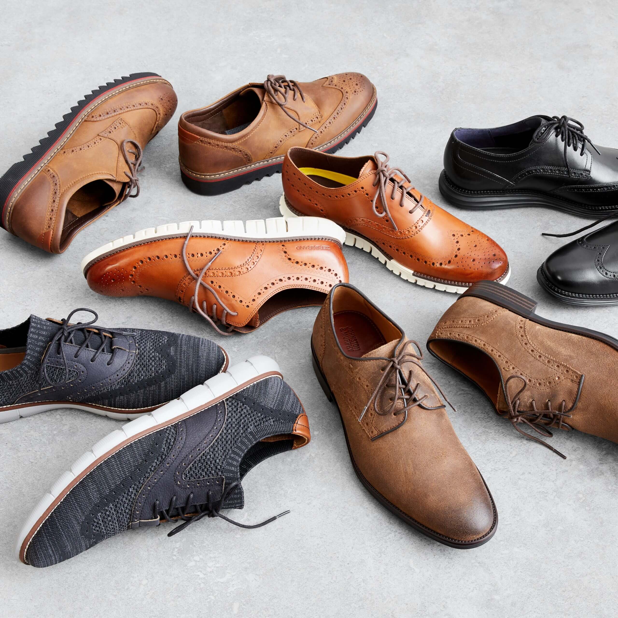 Stitch Fix men's business casual shoes featuring brown and black oxford and chukka shoes.