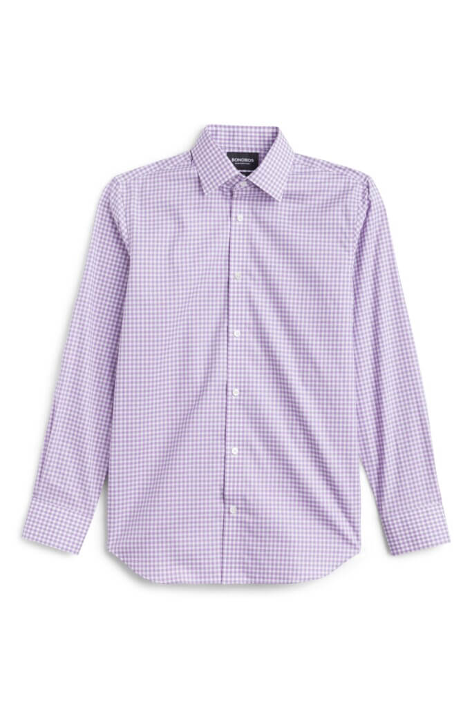 Stitch Fix men's light purple plaid long-sleeved button-down shirt.