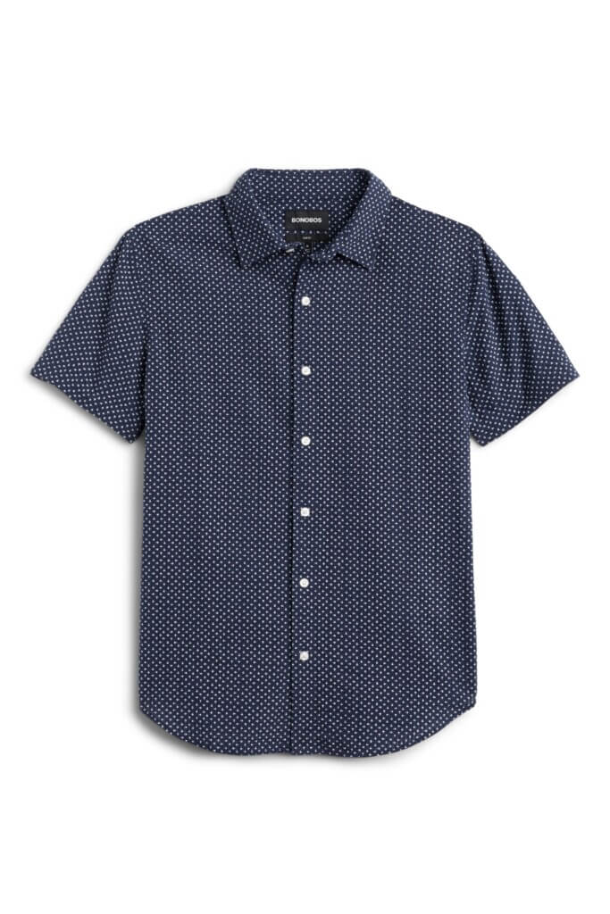 Stitch Fix men's navy blue micro-dot printed short-sleeved button-down shirt.