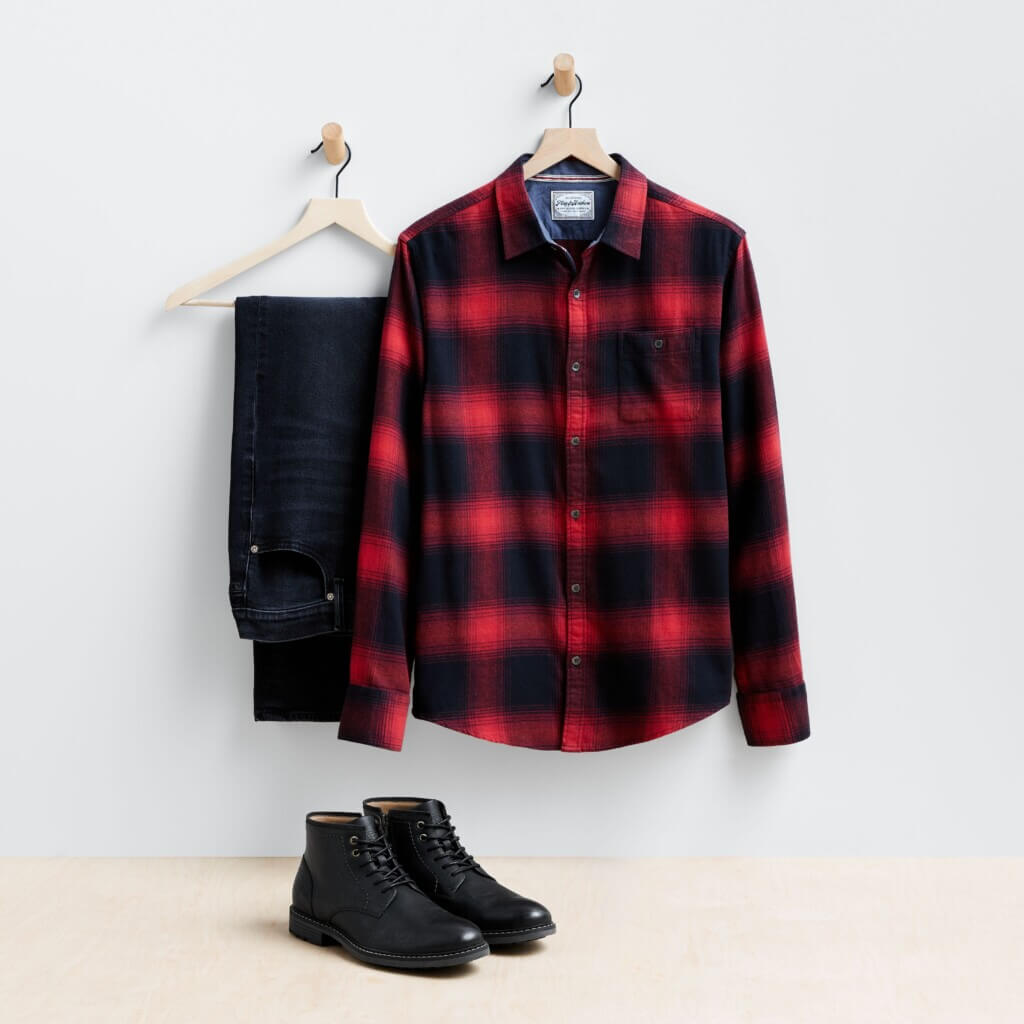Stitch Fix men’s fall shoes outfit with black lace-up boots, dark-wash jeans and red and black plaid shirt.
