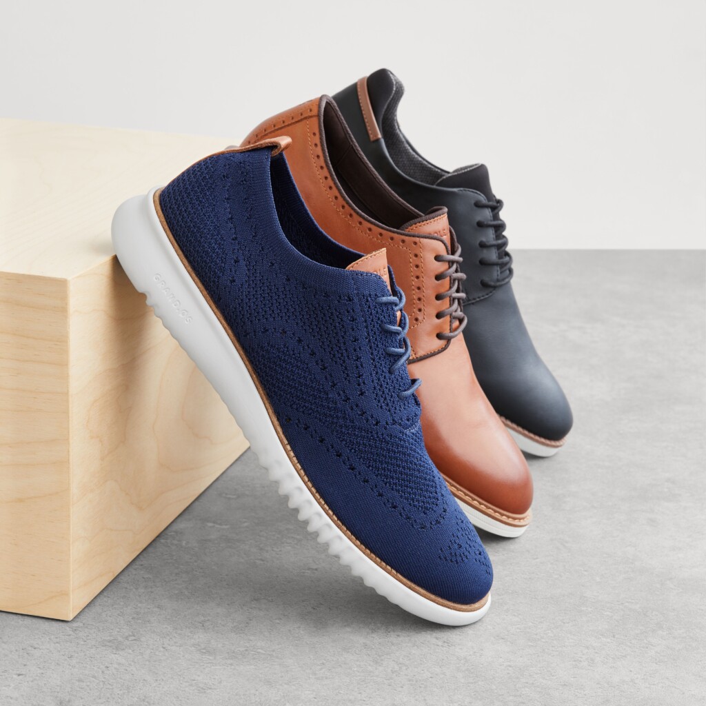 Stitch Fix men’s fall shoes including, blue canvas, brown leather and black leather oxfords.